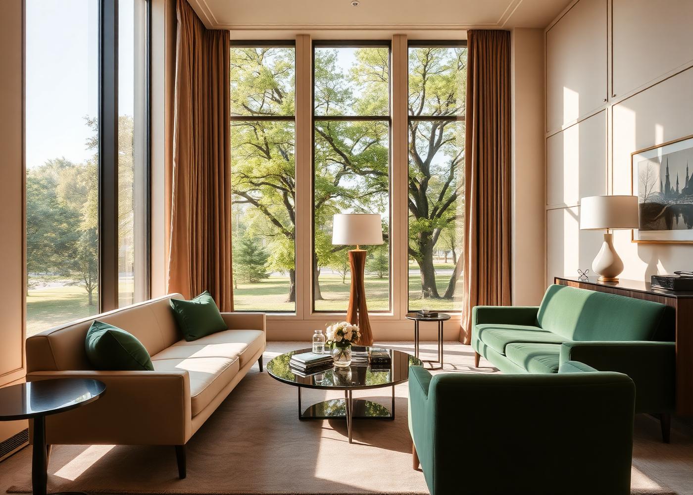Luxury boutique suite living room overlooking Citadelpark in Ghent, deep green velvet furniture and warm daylight