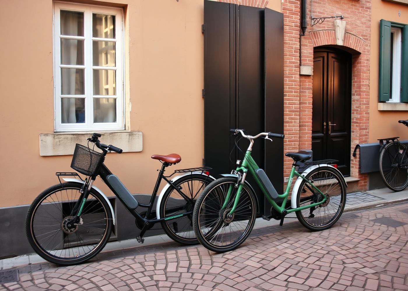 Two e-bikes parked against a warm terracotta canal house wall in a European city