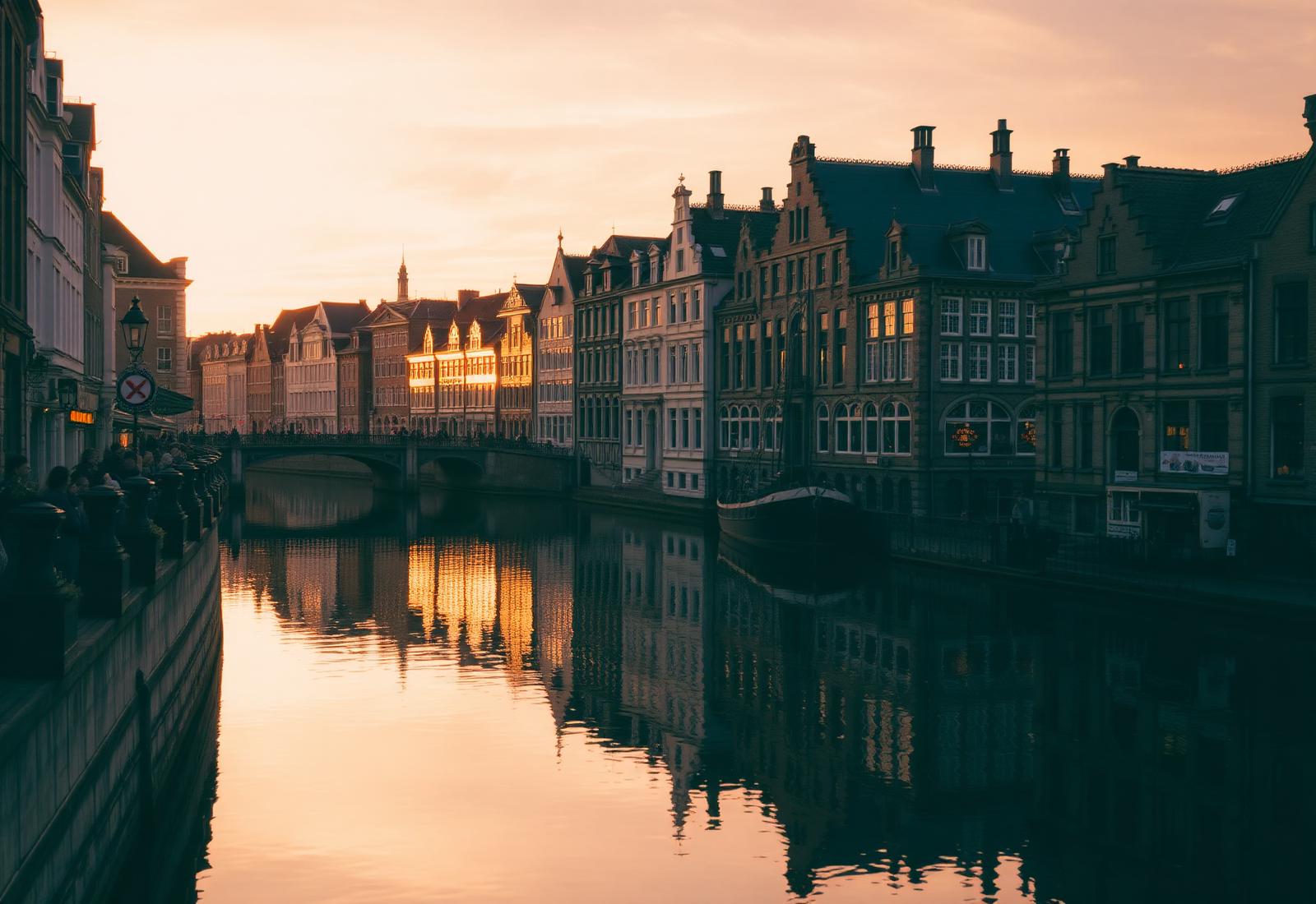 Editorial photograph of Ghent canal at golden hour, medieval architecture reflected in the water