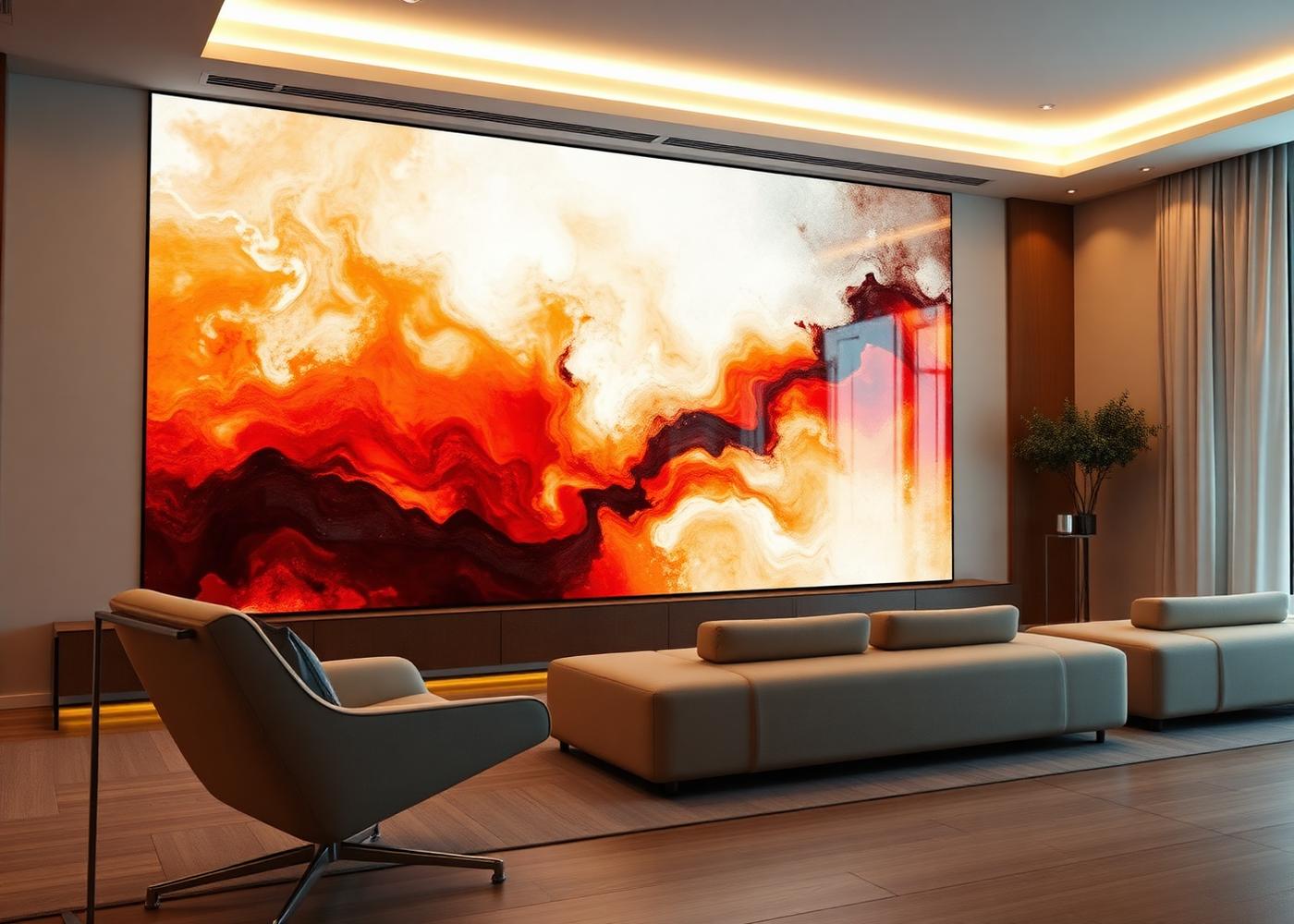 Luxury living room featuring a large LED digital art wall showing an abstract painting