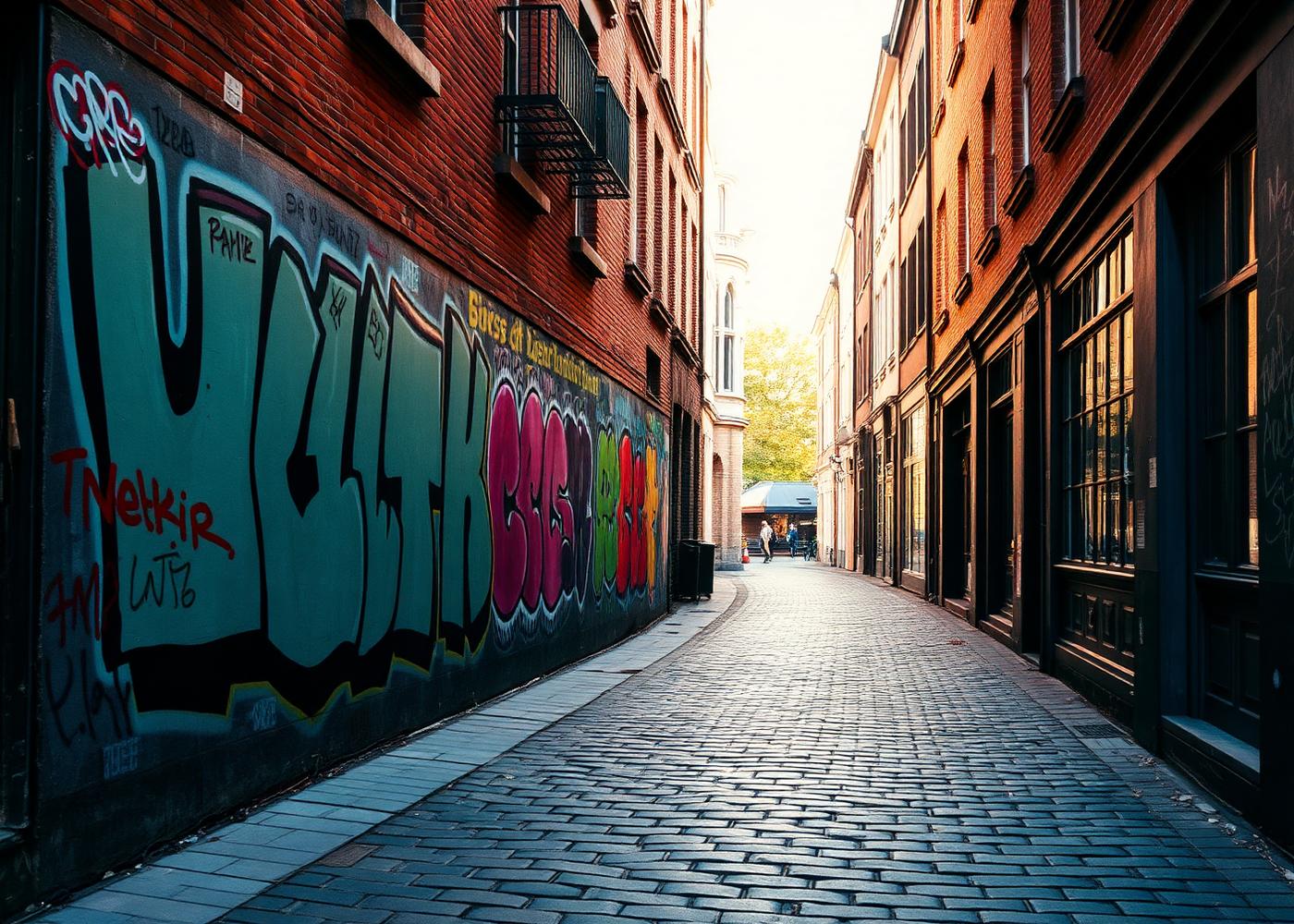 Bold urban Ghent street art on a cobblestone alley in warm afternoon light